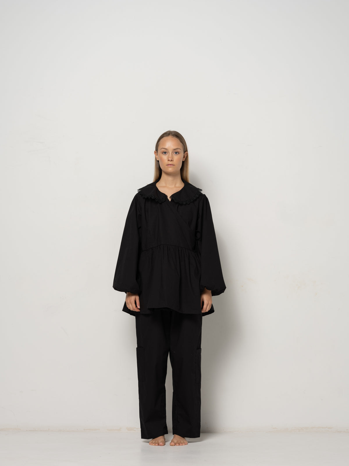 Tilda Collar Blouse - Black Cotton Poplin Down Proof