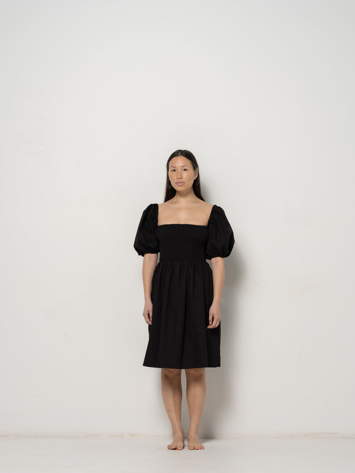 Maja Puff Sleeve Dress - Black Cotton Poplin Down Proof