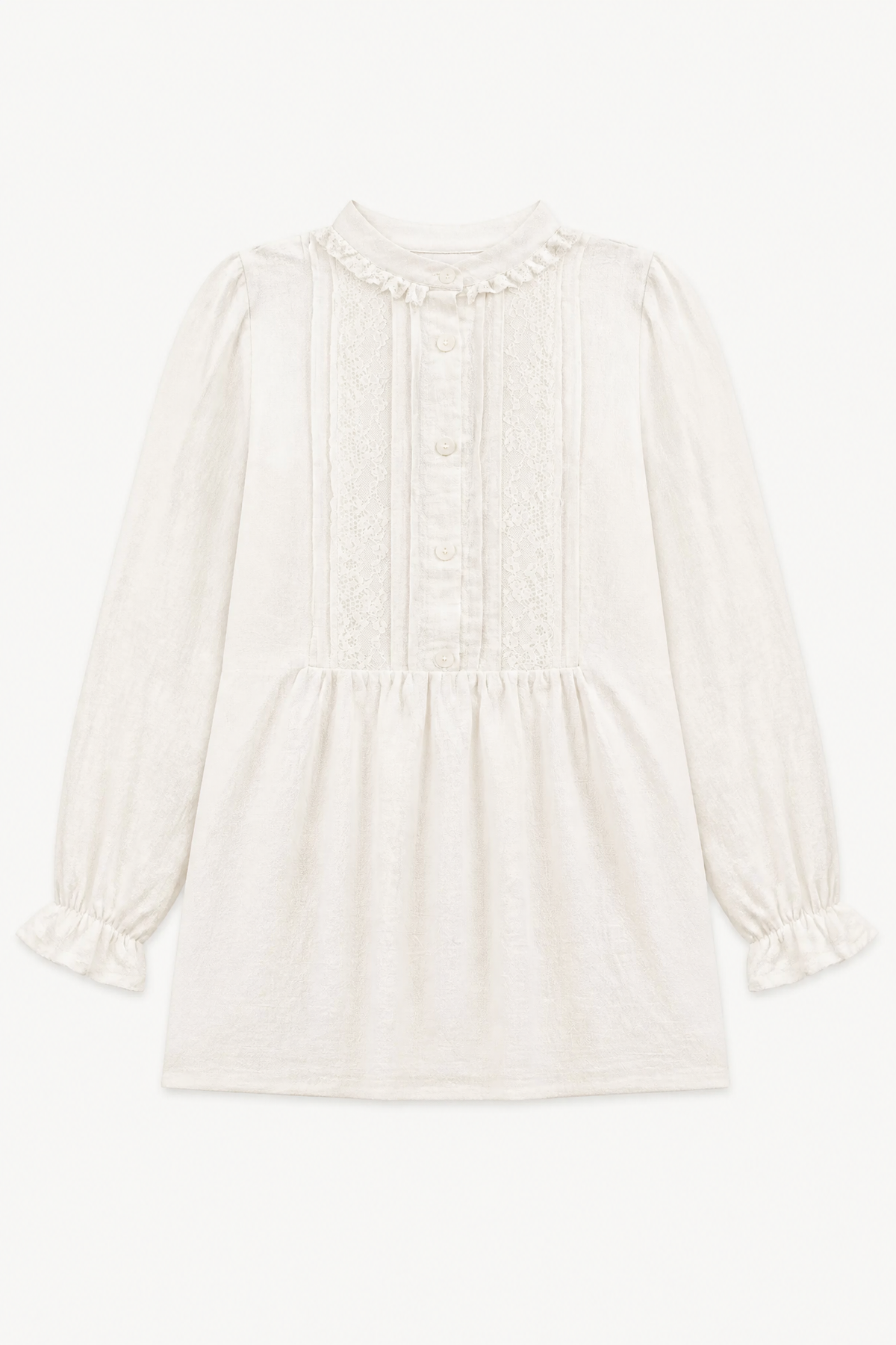 Minimalist flat lay layout of the MOCHA Amélie blouse, highlighting the soft organic cotton fabric and romantic silhouette.