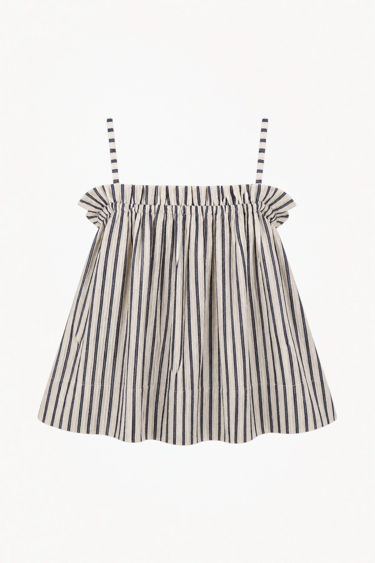 Minimalist flat lay layout of the MOCHA Adeline top, highlighting the striped organic cotton texture and voluminous silhouette.