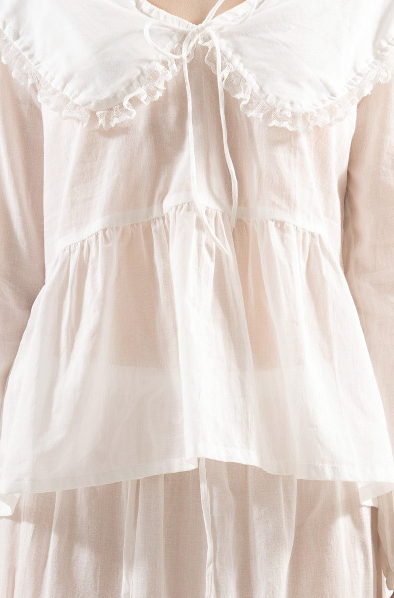 Close-up detail shot focusing on the fine stitching, delicate collar accents, and premium weave of the pure MOCHA organic white cotton fabric.