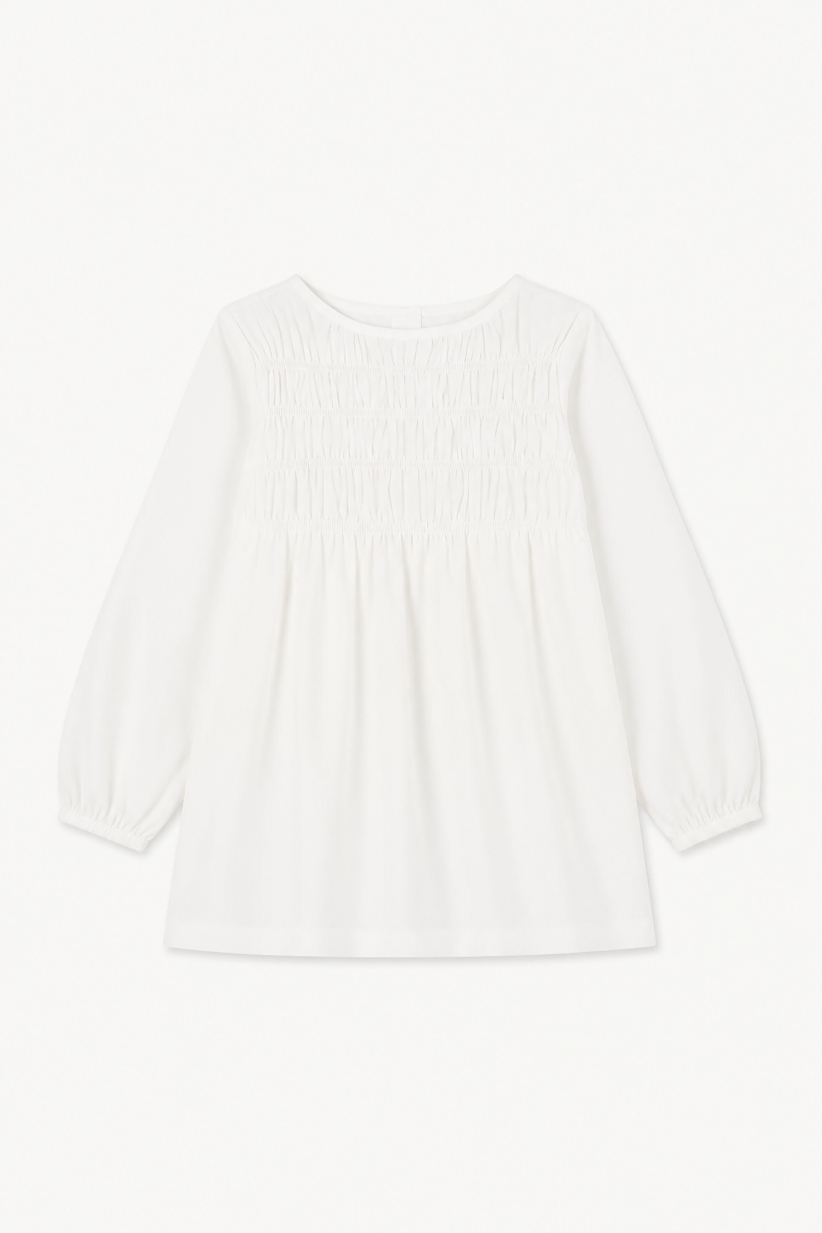 Minimalist flat lay layout of the MOCHA La Cour blouse, highlighting the soft organic cotton fabric and its elegant, structural silhouette.