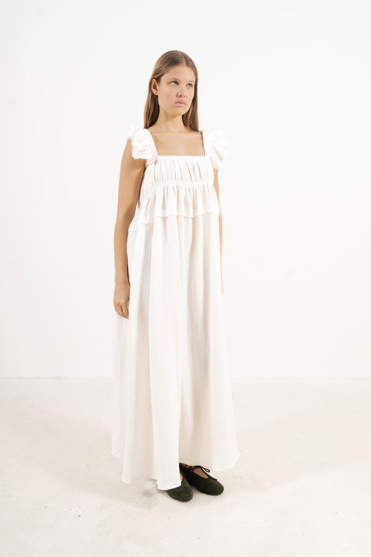 The Poème Chloe Dress in a romantic, minimalist silhouette crafted from fine organic cotton, front lookbook view.