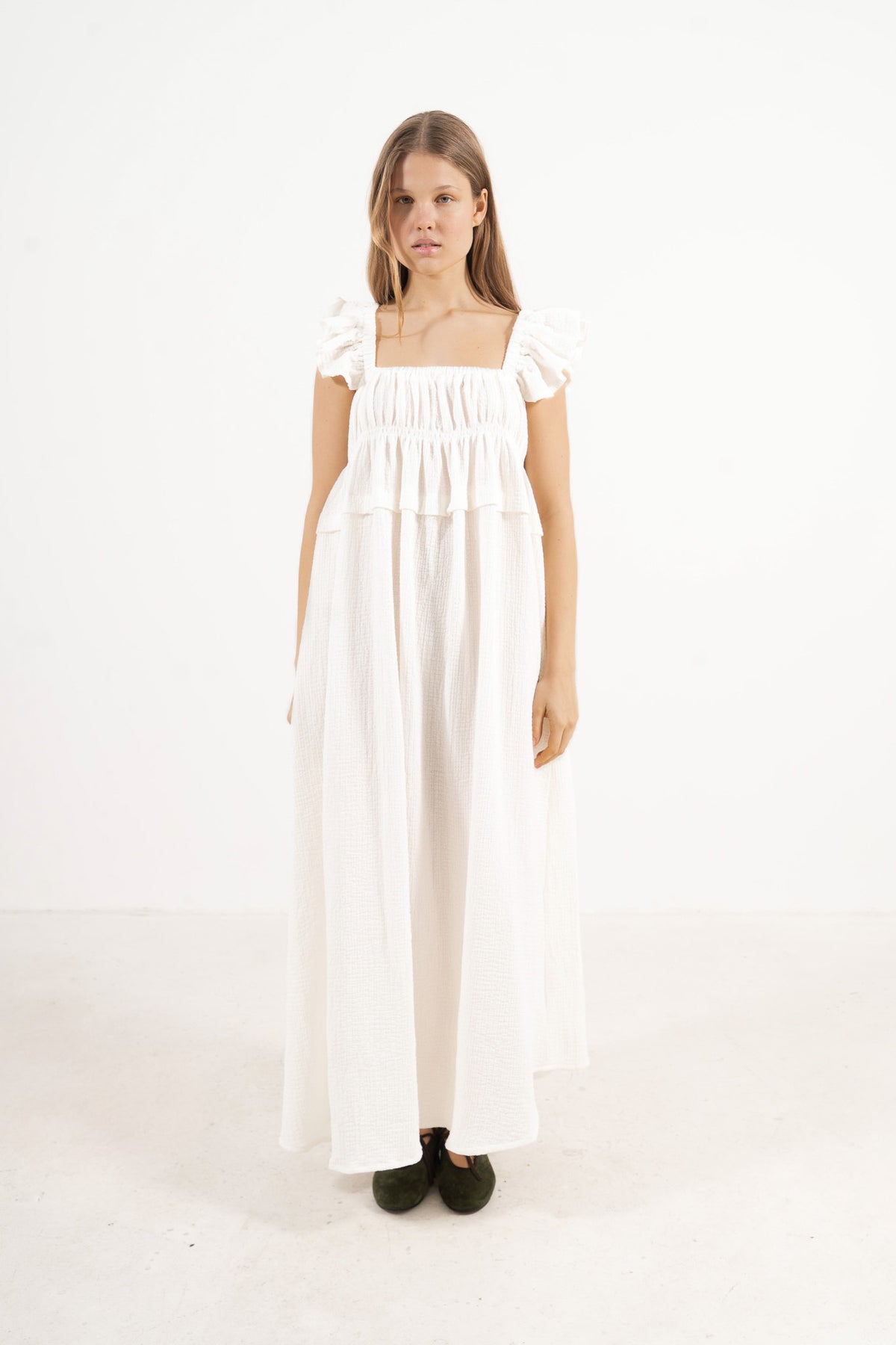 The Poème Chloe Dress in a romantic, minimalist silhouette crafted from fine organic cotton, front lookbook view.