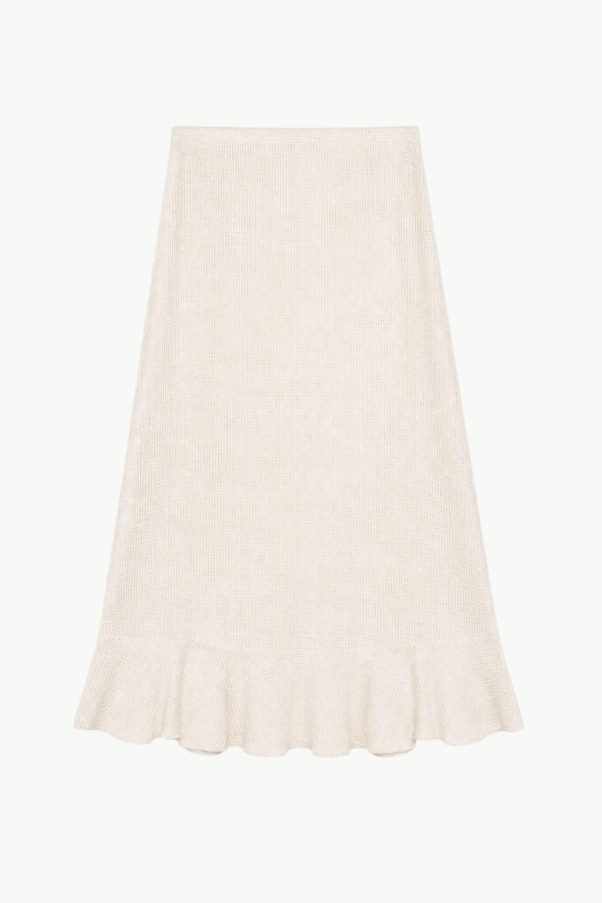 Detailed close-up focusing on the premium 100% cotton weave and fine romantic ruffle tailoring on the MOCHA Mielle Skirt.