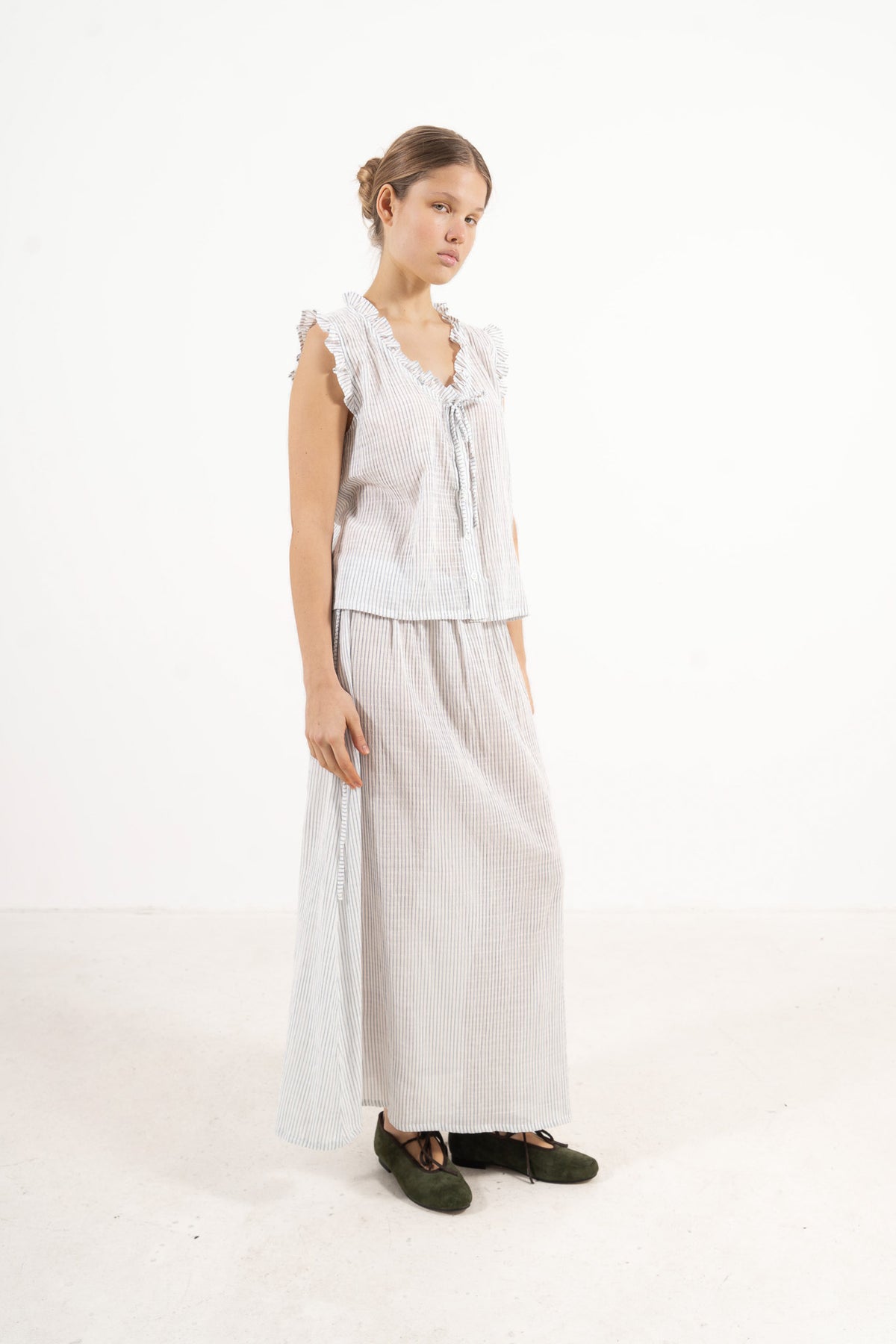 Side lookbook capture of the premium cotton matching set, emphasizing the beautiful, flowing silhouette and comfortable drape.