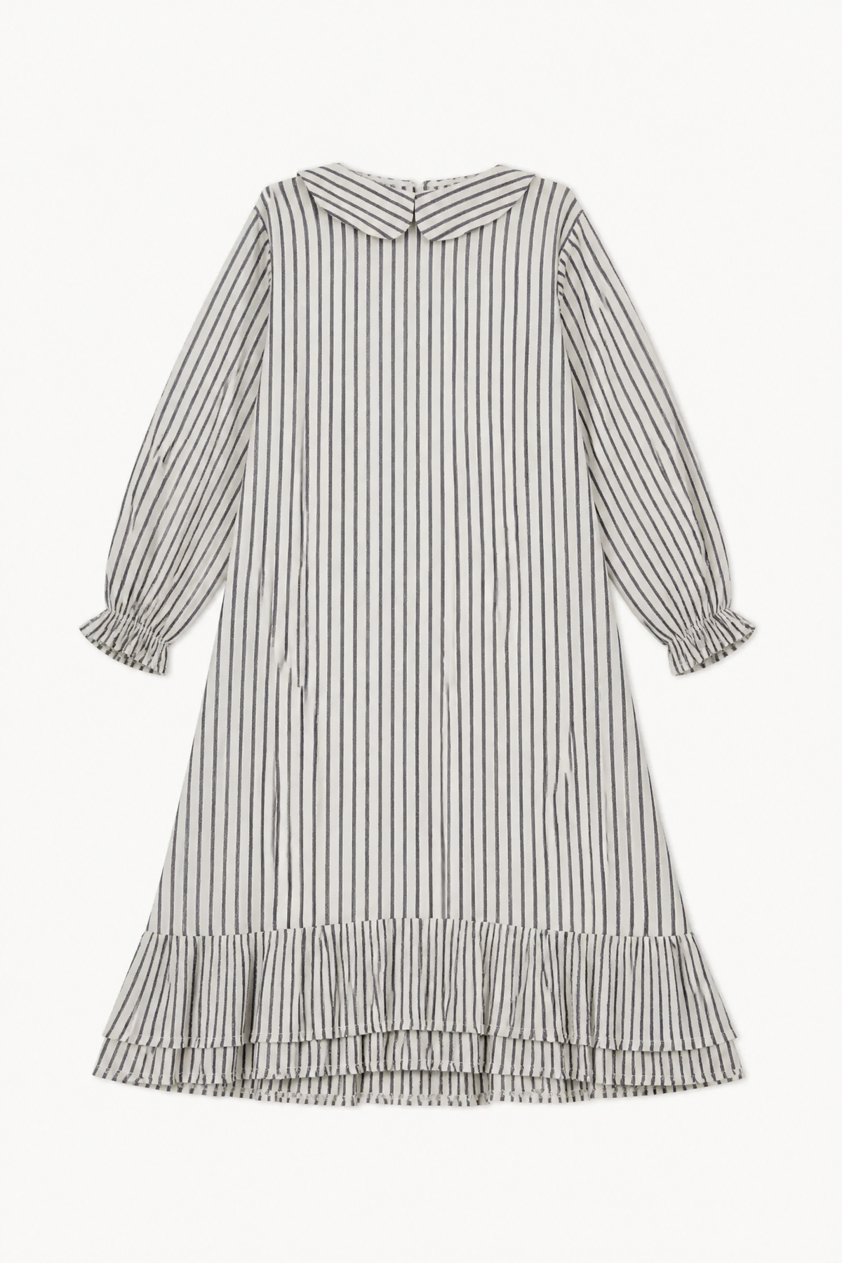 Minimalist flat lay of the MOCHA Sillage dress, showcasing the airy striped cotton texture and clean romantic silhouette.
